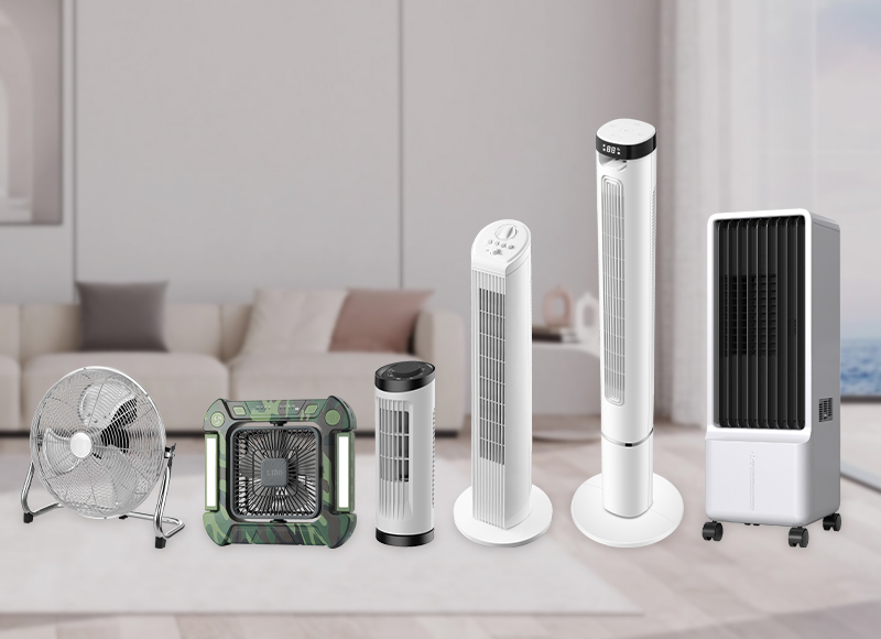 Wholesale fan range including tower fans, box fan and air cooler for EU and US retail programmes