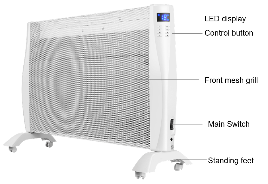 front view illustration of 1500W mica panel heater with LED display