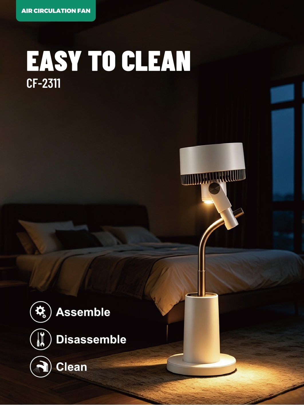 SEEMAX CF-2311 quiet tower fan with ambient night light in bedroom